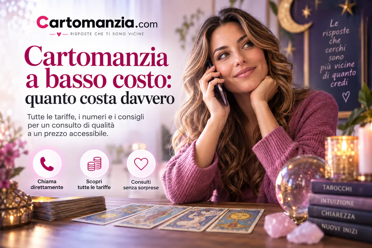 Cartomanzia a basso costo: una cartomante sorride al telefono davanti ai tarocchi, con le icone chiama direttamente, scopri tutte le tariffe e consulti senza sorprese