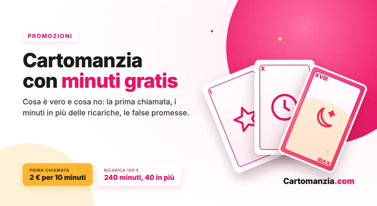 Tre carte dei tarocchi con le promozioni di Cartomanzia.com: prima chiamata a 2 euro per 10 minuti e ricarica da 100 euro con 240 minuti